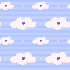 Cute bedding pattern for baby shower with clouds, stars and stripes, blue seamless pattern for kids, heart shapes