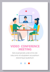 Video conference online. People on computer talking with colleague. People at business meeting. Boss on the moniitor screen is giving presentation for employees. Website landing page template