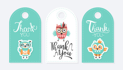 Thank You Card Templates Set with Cute Colorful Hand Drawn Owls, Collection of Tags Templates, Baby Shower, Birthday Card Design Vector Illustration