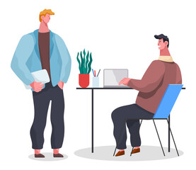 People in common workflow. Office workers male characters meeting, discussing matters in cabinet . Business people dressed in formal clothes are talking, communicating. Employee is talking with chef