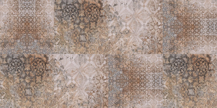 Old brown gray rusty vintage worn shabby patchwork square mosaic motif tiles stone concrete cement wall texture wallpaper background