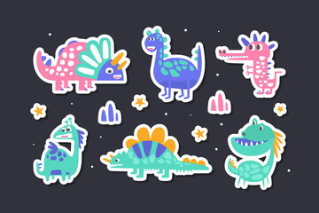 Collection of Cute Dinosaurs Stickers, Funny Colorful Prehistoric Creatures Patches Cartoon Style Vector Illustration
