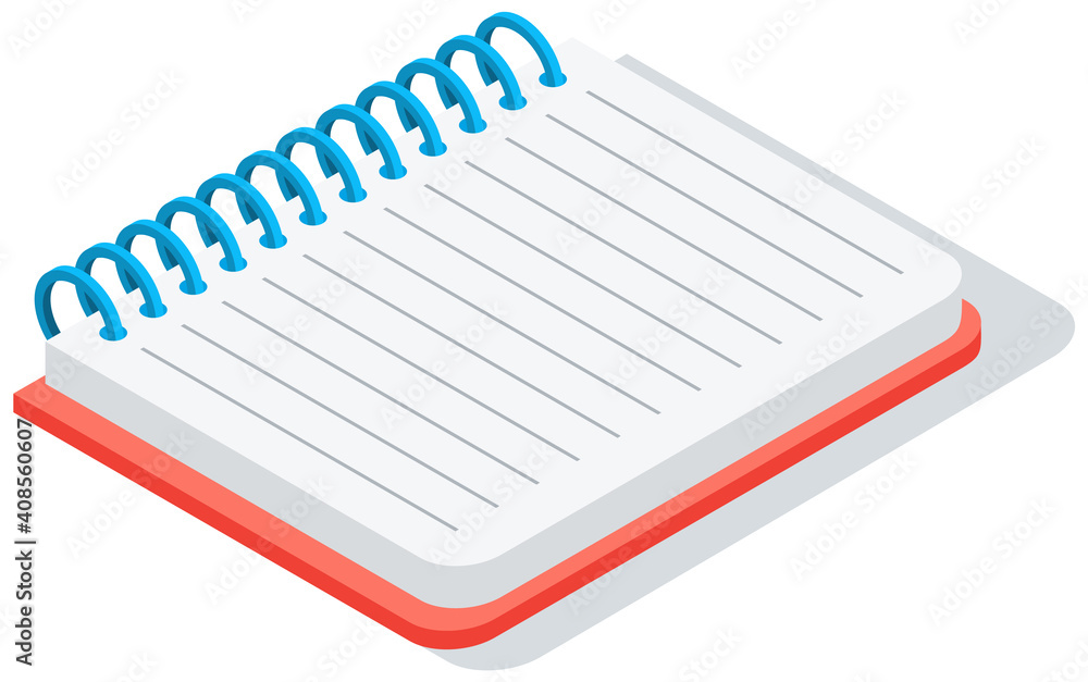 Poster red blank empty spiral notepad, notebook. opened sketchpad with blank white sheets of paper isolated