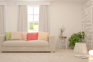 White living room with sofa. Scandinavian interior design. 3D illustration