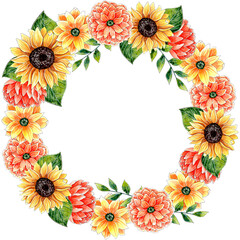Floral Autumn Fall watercolor wreath isolated on white background with empty space for your text. Happy Thanksgiving wreath.