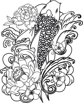 hand drawn koi fish with flower tattoo for Arm.Colorful Koi carp with Water splash,lotus and peony flower.Japanese tattoo and illustration for coloring book.Asian traditional tattoo design.