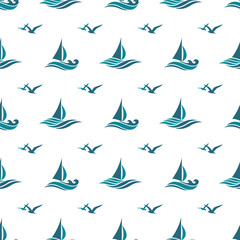 yacht seamless pattern with sea waves isolated on white background