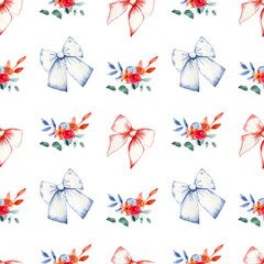 Seamless pattern with vintage bows and bouquet. Backgrounds and wallpapers for invitations, cards, fabrics, packaging, textiles. Watercolor illustration.
