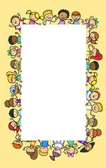 Frame border with happy cartoon children in elementary school