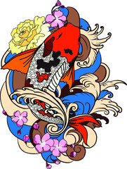 hand drawn koi fish with flower tattoo for Arm.Colorful Koi carp with Water splash,lotus and peony flower.Japanese tattoo and illustration for coloring book.Asian traditional tattoo design.