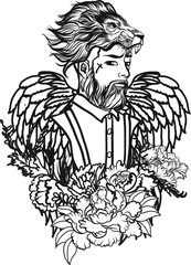 Hipster man with wings and flower vector.old schoot illustration tattoo.