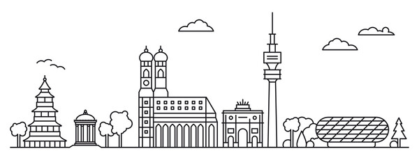 Munich cityscape line art illustration. Frauenkirche Cathedral, Chinese Tower, Television Tower and other landmarks of Bavarian capital in panoramic vector. - obrazy, fototapety, plakaty