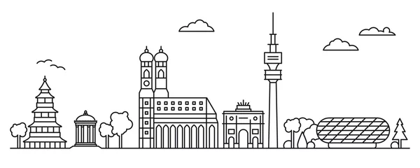 Münchner Stadtbild Strichzeichnungen Illustration. Frauenkirche, Chinesischer Turm, Fernsehturm und andere Wahrzeichen der bayerischen Hauptstadt im Panoramavektor. © eyewave