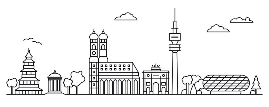 Munich cityscape line art illustration. Frauenkirche Cathedral, Chinese Tower, Television Tower and other landmarks of Bavarian capital in panoramic vector.