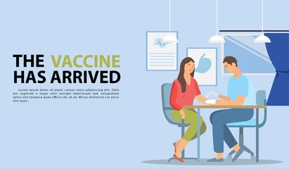 Template of a woman doctor and a man doctor injecting a female patient with the coronavirus vaccine. vaccine concept. flyer with text 