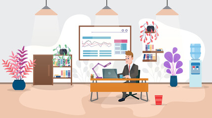 Man in the office, business, room, work, manager, computer. Flat isometric symbols vector illustration.