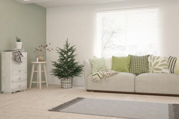 White living room with sofa. Scandinavian interior design. 3D illustration
