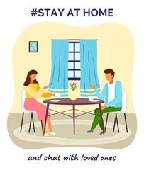 Stay at home and chat with loved ones. Communication, relationship. Quarantine self-isolation at home. Prevention of covid-19 or coronavirus. Virus outbreak. Couple of young man and woman talking