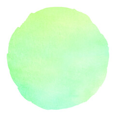 Light green yellow round watercolor spring background. Circle shape with deckled edge isolated on white. Neon watercolour stains texture. Hand drawn eco, vegan painted aquarelle template, text frame.