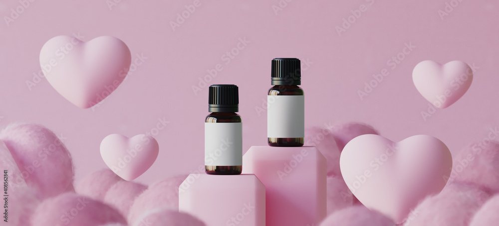 Aufkleber minimal mockup background for product presentation. essential oil bottle and pink podium with cloud 