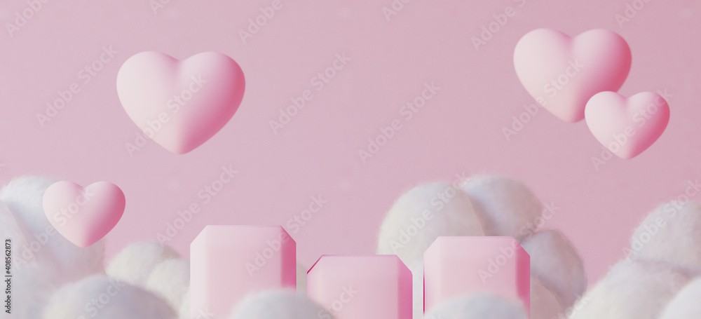 Poster minimal mockup background for product presentation. pink podium with cloud on pink background. clipp