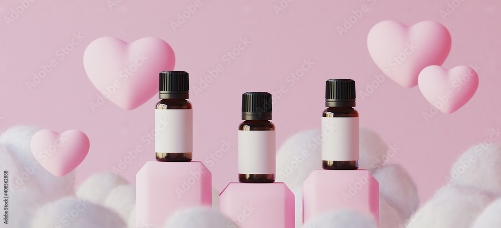 Poster minimal mockup background for product presentation. essential oil bottle and pink podium with cloud 