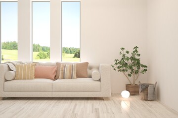 White living room with sofa and summer landscape in window. Scandinavian interior design. 3D illustration