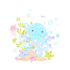 Jellyfish Vector Clip Art Illustration. Cute cartoon character. Sea life colorful background	                                 