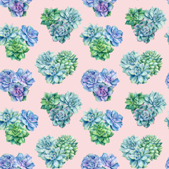 Succulents seamless pattern, watercolor illustration, digital paper