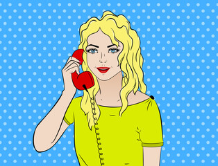 Pop art vintage comic. Girl talking on the phone. Comic book Retro style. Technology and communication