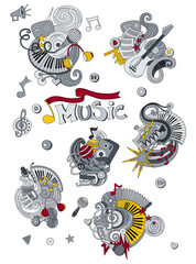 Cartoon hand drawn doodles Music illustration. Colorful detailed, with lots of objects background
