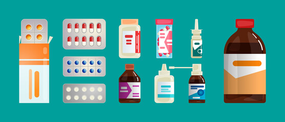 Pharmacy set items. Medicines, medical products. Vector illustration in flat cartoon style.