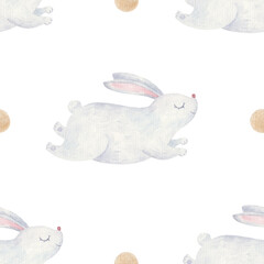 cute seamless pattern with rabbits, childrens watercolor illustration on white background