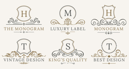 Retro Royal Vintage Shields Logotype set. calligraphyc Luxury logo design elements. Business signs, logos, identity, spa, hotels, badges