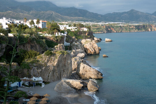 View towards the mountains from the Balcon de Europa, Nerja, Andalusia, Spain.