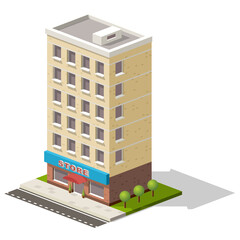 isometric icon representing store or shopping center building with trees nearby