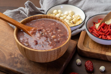 Chinese food. The delicious eight treasures porridge is on the table