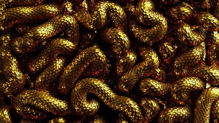 3d abstract background with tangled golden metallic snakes moving, shiny scales texture macro. Looping animation, continuous sequence - Powered by Adobe