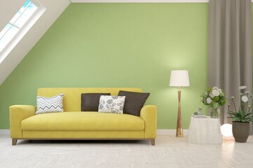 Colorful living room with sofa. Scandinavian interior design. 3D illustration