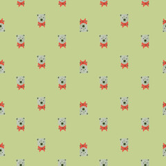 Childish seamless pattern with little blue sailor bear ornament. Light green background.