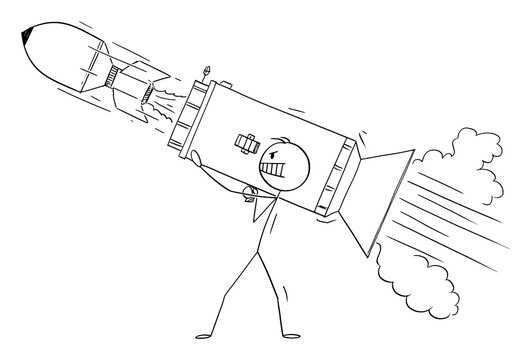 Man Or Businessman Firing Big Rocket Launcher, Concept Of Change Or Groundbreaking Idea, Vector Cartoon Stick Figure Or Character Illustration.