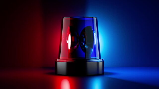 3d render, flashing light rotates and changes colors from blue to red, seamless loop animation. Emergency flasher strobe isolated on black background