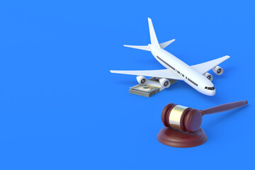 Passenger plane and judge gavel. Purchase, sale of airlines, air transport. Licensing and legal work. Fines and compensation. Taxation of air transport. Copy space. 3d rendering