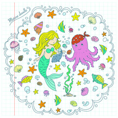 marine doodle. mermaid and octopus. Dreams of the sea