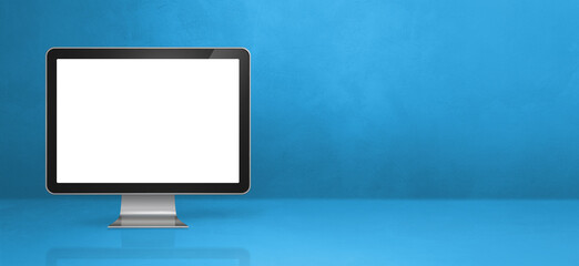 Computer pc on blue desk banner