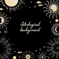 Black background with zodiac symbols. Astrological horoscope. Social media template.