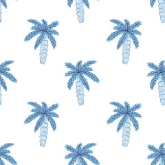 Fototapeta na wymiar Isolated summer seamless pattern with bright blue palm tree silhouettes. White background. Summer print.