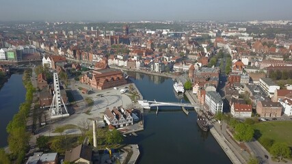 Obraz premium Aerial of Gdansk Old Town Houses Churches River and Cathedral
