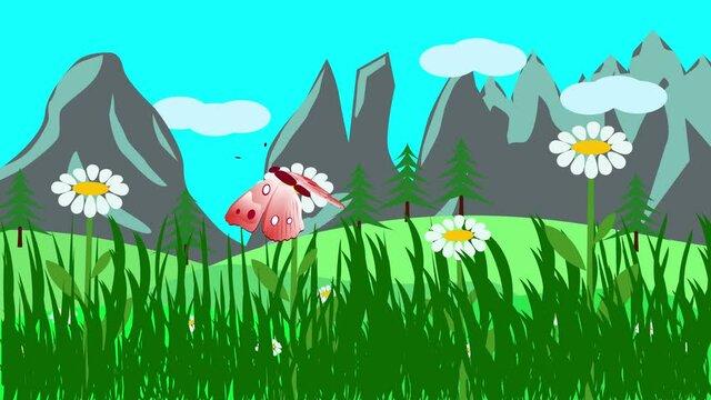 Cartoon Landscape, Spring season animation with flowers and butterfly