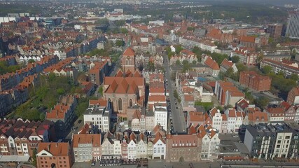 Aerial of Gdansk Old Town Houses Churches River and Cathedral